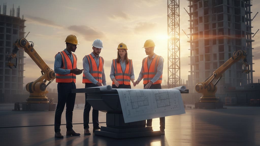 Profissionais de engenharia e gestão em um canteiro de obras moderno e organizado, utilizando capacetes e coletes refletivos, representando a disciplina e o crescimento da construção civil em 2026.