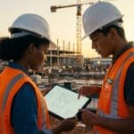 Uma jovem arquiteta negra e um jovem engenheiro indígena, vestindo capacetes brancos e coletes refletivos laranja, analisam atentamente um projeto digital em um tablet. Eles estão em um canteiro de obras organizado durante o pôr do sol, com uma estrutura de concreto e uma grua ao fundo.