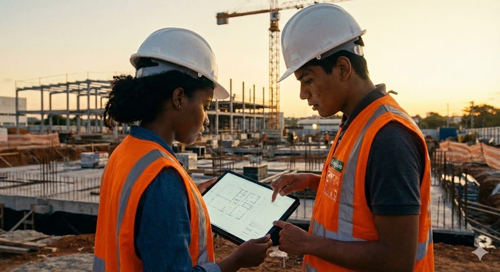 Uma jovem arquiteta negra e um jovem engenheiro indígena, vestindo capacetes brancos e coletes refletivos laranja, analisam atentamente um projeto digital em um tablet. Eles estão em um canteiro de obras organizado durante o pôr do sol, com uma estrutura de concreto e uma grua ao fundo.