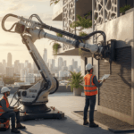 Robô de impressão 3D em canteiro de obras, construindo parede de concreto em prédio moderno com trabalhadores observando. Otimização e tecnologia na construção civil.