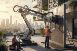 Robô de impressão 3D em canteiro de obras, construindo parede de concreto em prédio moderno com trabalhadores observando. Otimização e tecnologia na construção civil.