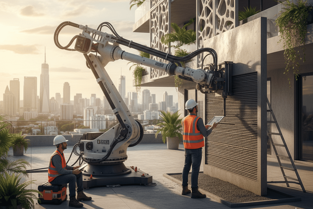 Robô de impressão 3D em canteiro de obras, construindo parede de concreto em prédio moderno com trabalhadores observando. Otimização e tecnologia na construção civil.