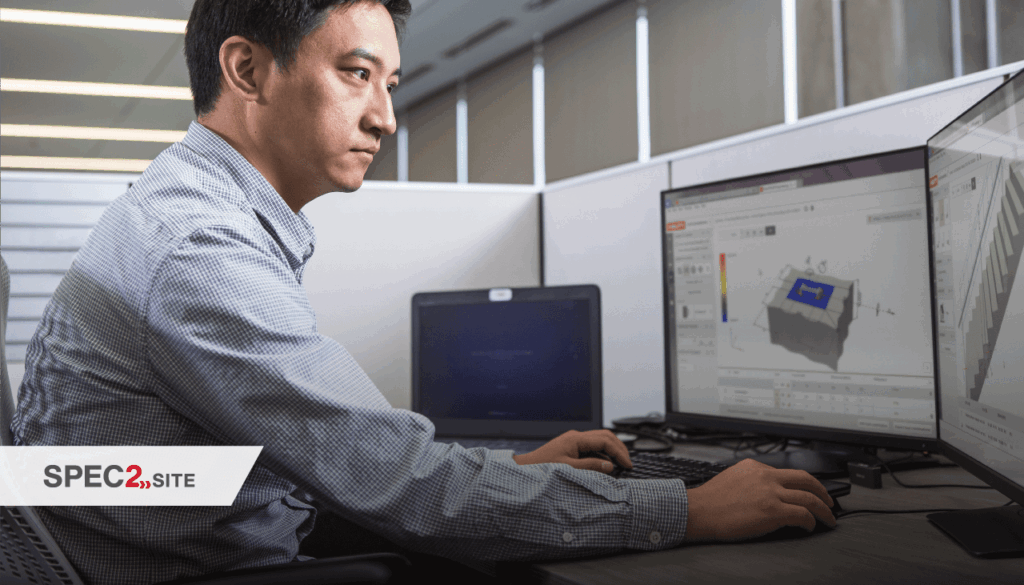 Engenheiro projeta soluções estruturais usando software SPEC2SITE Hilti em estação de trabalho com dois monitores.