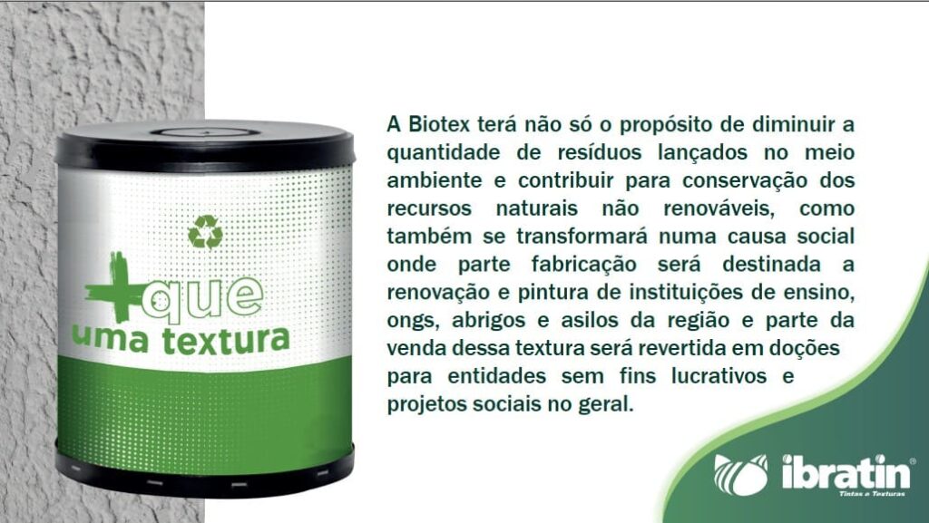 Lata de Biotex da Ibratin ao lado de texto sobre o impacto ambiental e social do produto, destacando doações para projetos sociais.