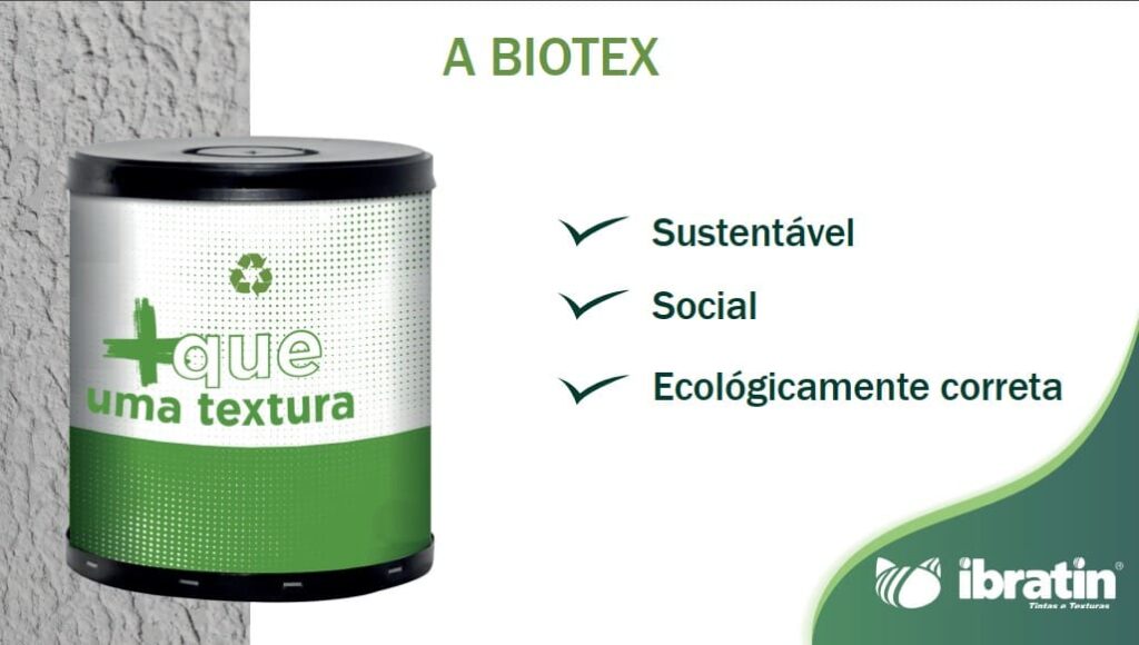 Lata de Biotex da Ibratin ao lado de lista de atributos sustentáveis, sociais e ecológicos do produto.
