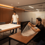 Profissionais da Space Plan organizam mudança de escritório, com um colaborador analisando plantas arquitetônicas e outro embalando equipamentos, em ambiente corporativo moderno.