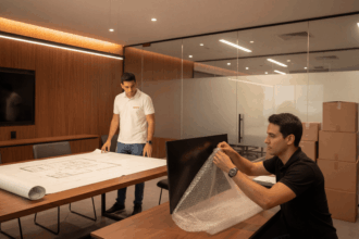 Profissionais da Space Plan organizam mudança de escritório, com um colaborador analisando plantas arquitetônicas e outro embalando equipamentos, em ambiente corporativo moderno.