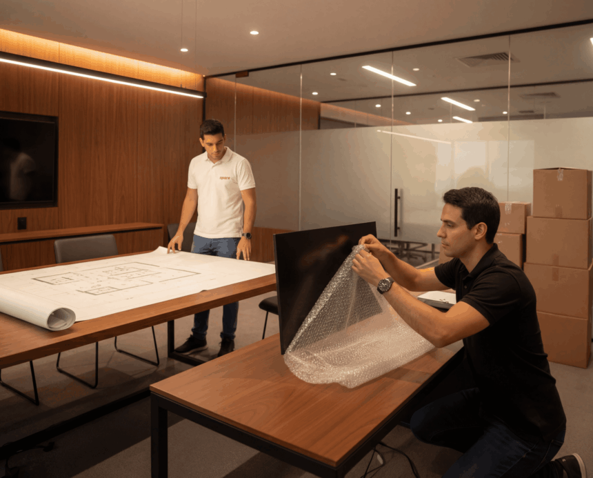 Profissionais da Space Plan organizam mudança de escritório, com um colaborador analisando plantas arquitetônicas e outro embalando equipamentos, em ambiente corporativo moderno.