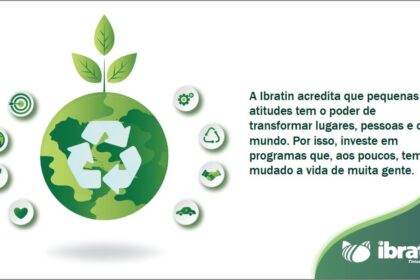 Ilustração de planeta verde com símbolo de reciclagem, folhas e ícones de sustentabilidade, acompanhada de mensagem sobre o impacto positivo das atitudes da Ibratin.