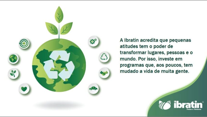 Ilustração de planeta verde com símbolo de reciclagem, folhas e ícones de sustentabilidade, acompanhada de mensagem sobre o impacto positivo das atitudes da Ibratin.