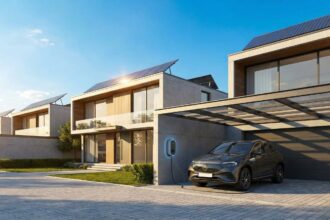 Residências modernas com painéis solares no telhado e carro elétrico sendo carregado na garagem ao pôr do sol.