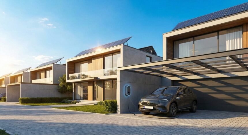 Residências modernas com painéis solares no telhado e carro elétrico sendo carregado na garagem ao pôr do sol.