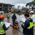 Engenheiros e trabalhadores avaliam projeto e operam bomba de drenagem em canteiro de obras alagado em São Paulo após chuvas intensas, com equipamentos de proteção e edifícios ao fundo.