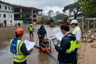 Engenheiros e trabalhadores avaliam projeto e operam bomba de drenagem em canteiro de obras alagado em São Paulo após chuvas intensas, com equipamentos de proteção e edifícios ao fundo.
