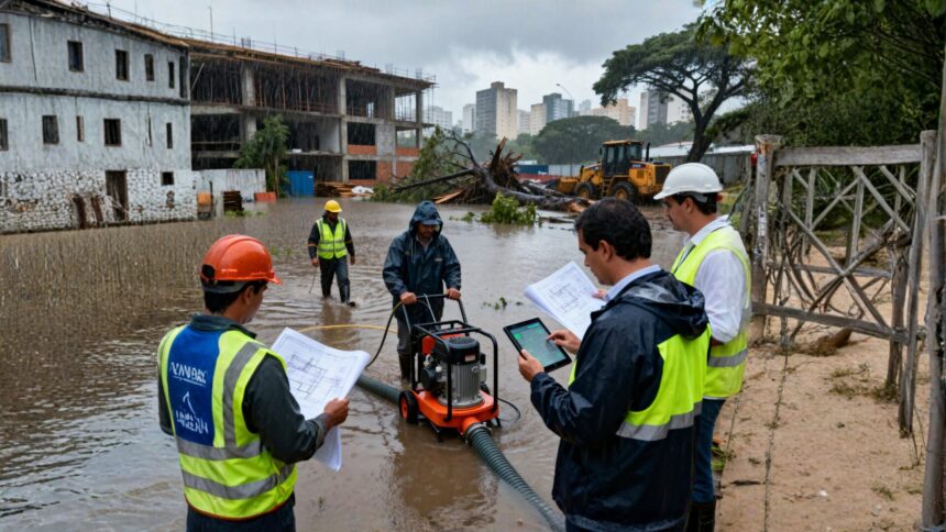 Engenheiros e trabalhadores avaliam projeto e operam bomba de drenagem em canteiro de obras alagado em São Paulo após chuvas intensas, com equipamentos de proteção e edifícios ao fundo.
