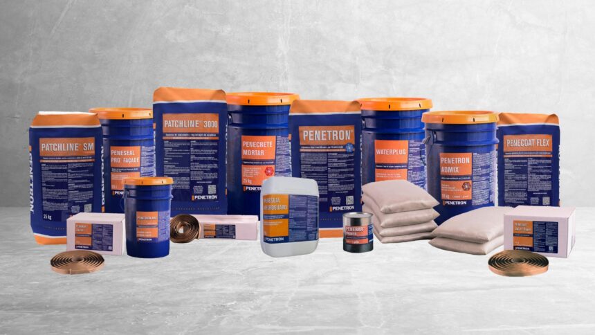 Linha completa de produtos Penetron para impermeabilização e proteção do concreto, incluindo aditivos, argamassas, selantes e soluções para construção sustentável.
