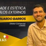 Eduardo Barros, Diretor Comercial da LGMAIS, sorri em destaque ao lado do título “Durabilidade e estética em ralos externos” no card do C3 Talks, com fundo escuro e elementos gráficos em amarelo.
