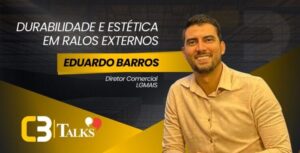 Eduardo Barros, Diretor Comercial da LGMAIS, sorri em destaque ao lado do título “Durabilidade e estética em ralos externos” no card do C3 Talks, com fundo escuro e elementos gráficos em amarelo.