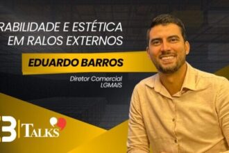 Eduardo Barros, Diretor Comercial da LGMAIS, sorri em destaque ao lado do título “Durabilidade e estética em ralos externos” no card do C3 Talks, com fundo escuro e elementos gráficos em amarelo.