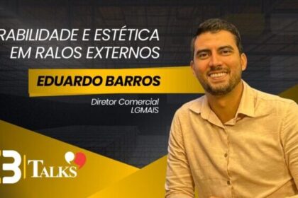 Eduardo Barros, Diretor Comercial da LGMAIS, sorri em destaque ao lado do título “Durabilidade e estética em ralos externos” no card do C3 Talks, com fundo escuro e elementos gráficos em amarelo.