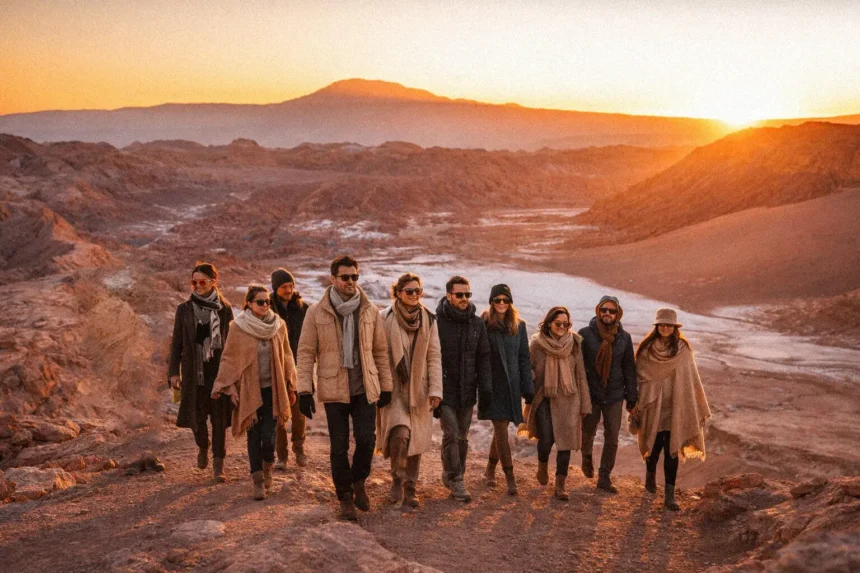 Grupo de profissionais da construção civil caminha pelo deserto do Atacama durante o pôr do sol, simbolizando conexões e networking no setor.