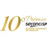 Logotipo oficial da 10ª edição do Prêmio Seconci-SP de Saúde e Segurança do Trabalho, com elementos dourados e letras em destaque.