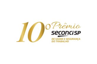 Logotipo oficial da 10ª edição do Prêmio Seconci-SP de Saúde e Segurança do Trabalho, com elementos dourados e letras em destaque.