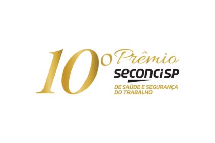 Logotipo oficial da 10ª edição do Prêmio Seconci-SP de Saúde e Segurança do Trabalho, com elementos dourados e letras em destaque.