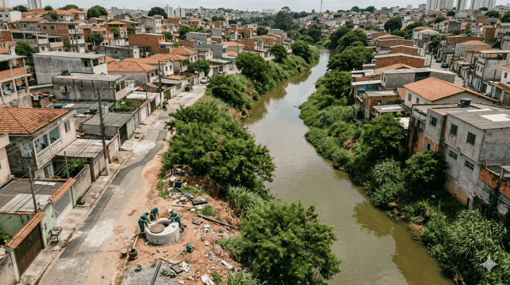 Vista aérea de dois colaboradores da Concrejato Engenharia instalando poço de visita de esgoto na margem de rio urbano em área residencial densamente ocupada em Santo André, região do ABC Paulista
