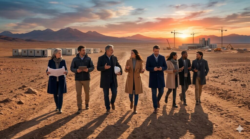 Profissionais da construção civil caminham em canteiro com módulos industrializados ao pôr do sol, representando integração entre arquitetura, indústria e capital.