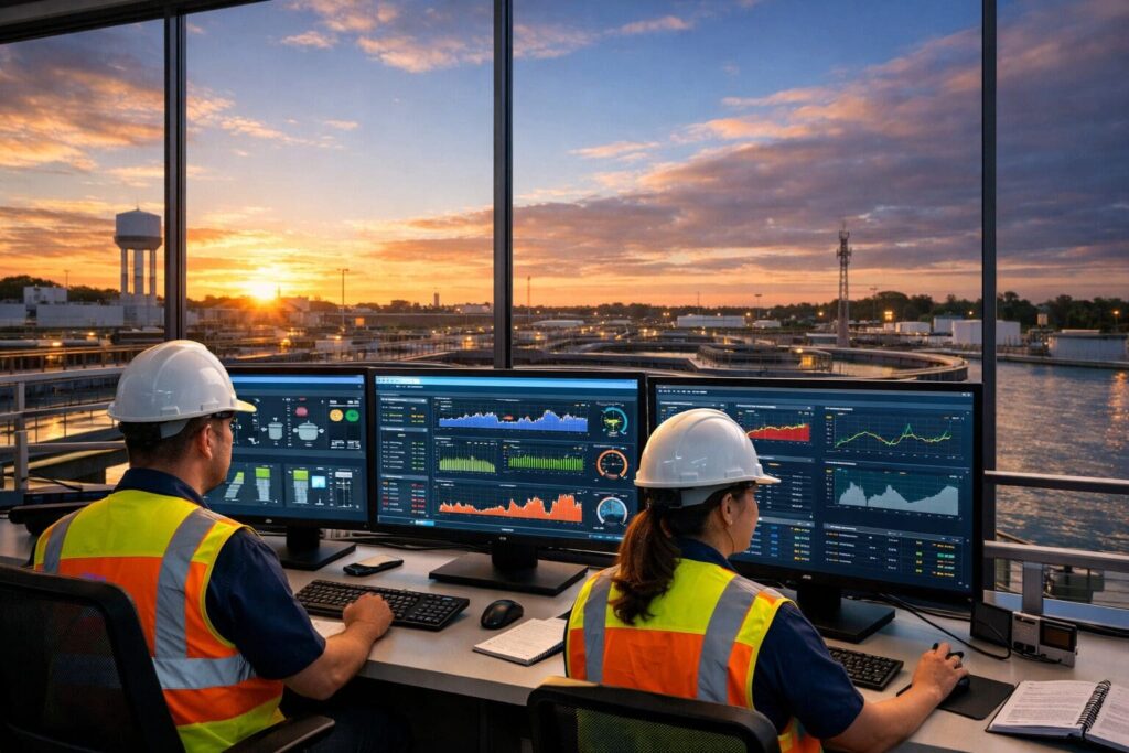 Dois operadores em uma estação de tratamento de água monitoram painéis digitais com gráficos e dados de desempenho em tempo real, ao entardecer.