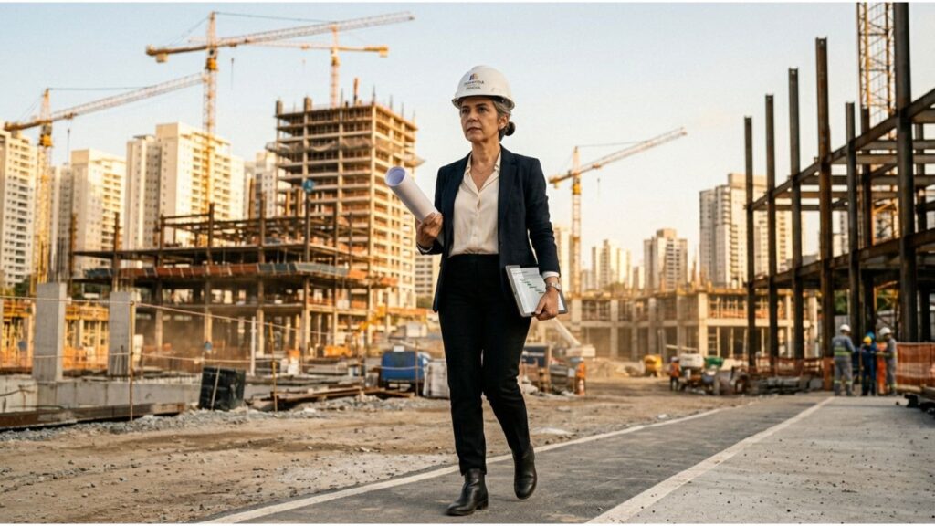 Mulher engenheira ou executiva de construção civil, usando capacete e roupas sociais, caminha confiante em um grande canteiro de obras com prédios e guindastes ao fundo, simbolizando liderança feminina no setor imobiliário.