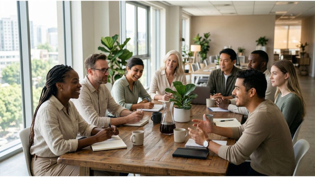 Grupo diverso de profissionais em reunião colaborativa em escritório moderno, com luz natural, plantas e clima de integração, representando soft skills e comunicação eficaz.