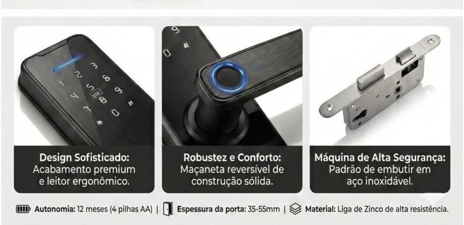 Detalhes da fechadura eletrônica DLH 1400 MC da DLock Hospitality, destacando design sofisticado com acabamento premium, maçaneta reversível robusta e máquina de alta segurança em aço inoxidável.