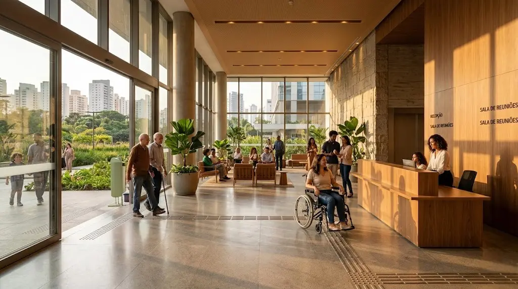 Lobby moderno e acessível com piso tátil direcional, mulher em cadeira de rodas sendo atendida na recepção e idoso caminhando com bengala ao fundo, em edifício corporativo com vista para a cidade.
