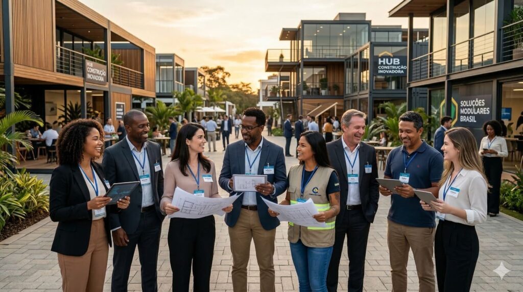 Profissionais da construção civil e arquitetura interagem em hub de inovação com soluções modulares, representando networking e negócios no setor.