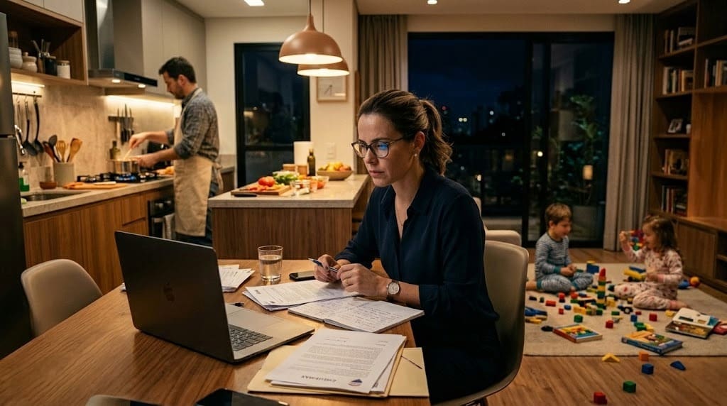 Mulher profissional trabalha à noite em casa, concentrada no laptop e documentos, enquanto ao fundo um homem cozinha e duas crianças brincam, ilustrando a sobrecarga e a governança invisível da mulher moderna.
