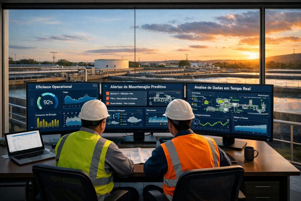 Dois operadores analisam dashboards em português com indicadores de eficiência operacional, alertas de manutenção preditiva e análise de dados em tempo real em uma estação de tratamento de água ao pôr do sol.