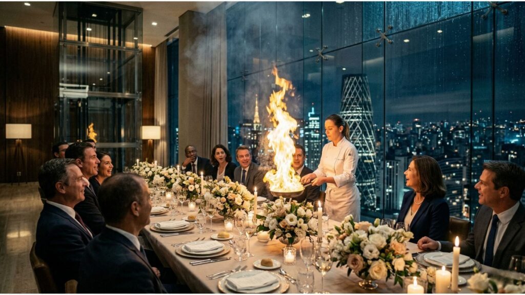Chef de jaleco branco realiza flambé ao vivo em jantar corporativo imersivo, com executivos reunidos em mesa longa decorada com flores brancas e velas, e skyline noturno de metrópole ao fundo