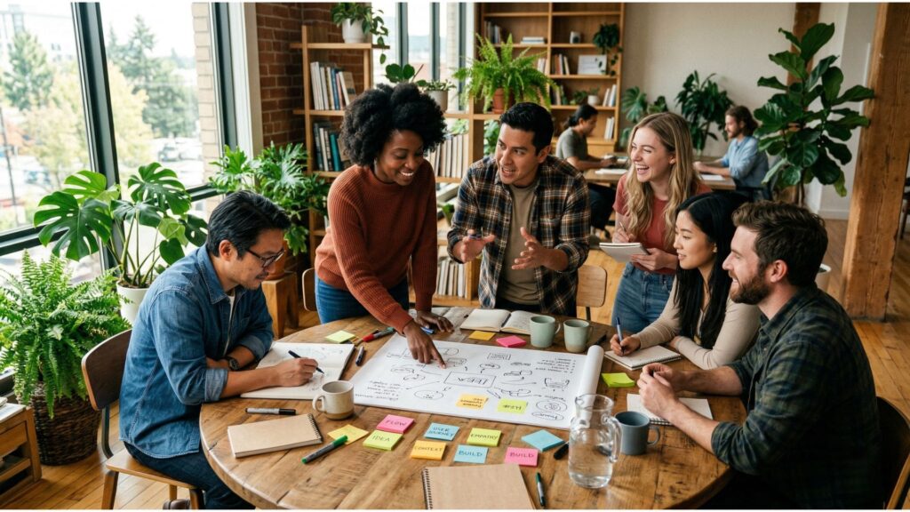 Equipe diversa de profissionais em sessão de brainstorming criativo, reunida ao redor de uma mesa com post-its coloridos, plantas naturais e luz do dia, simbolizando colaboração, inovação e soft skills no ambiente de trabalho.