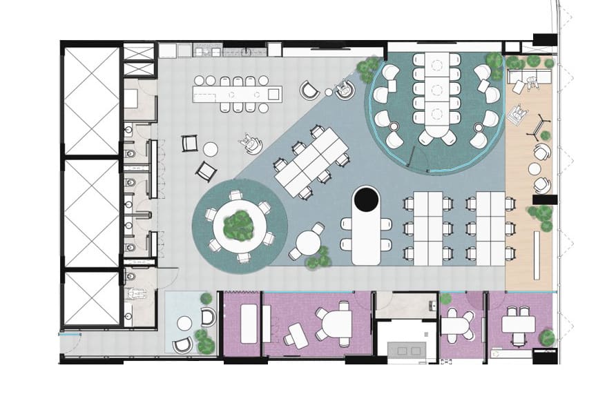 Planta baixa colorida de escritório corporativo com zoneamento de áreas colaborativas, salas de reunião, lounge e espaços de foco — projeto de otimização de espaços no Turnkey corporativo da Space