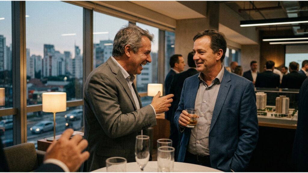 Dois executivos conversam e riem em evento corporativo da construção civil em São Paulo, com maquete de empreendimento imobiliário ao fundo e skyline da cidade visível pelas janelas ao entardecer