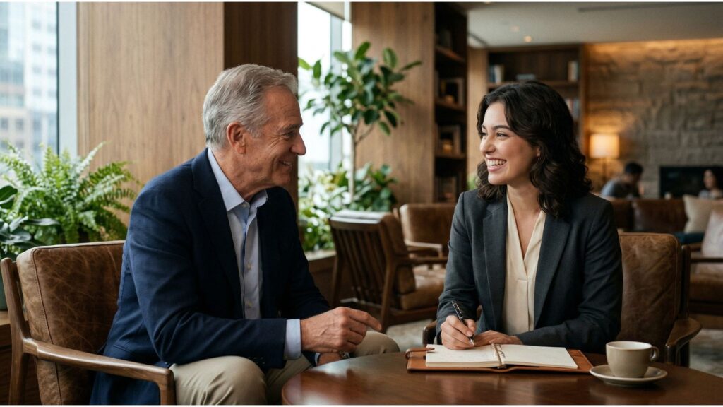 Mentor experiente e jovem profissional em conversa construtiva em ambiente corporativo sofisticado, ambos sorrindo e demonstrando conexão, simbolizando desenvolvimento de soft skills e liderança.