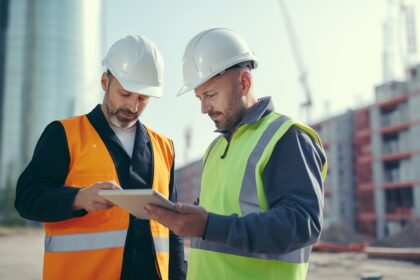Dois engenheiros de obras civis usando capacete e colete de segurança analisam dados em um tablet no canteiro de obras, com edifícios em construção ao fundo.