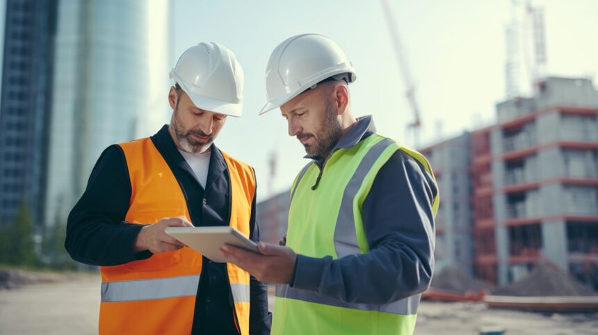 Dois engenheiros de obras civis usando capacete e colete de segurança analisam dados em um tablet no canteiro de obras, com edifícios em construção ao fundo.