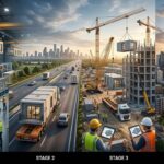 Processo de construção industrializada em quatro etapas: fabricação automatizada de módulos, transporte rodoviário, montagem no canteiro de obras e edifício finalizado em ambiente urbano.