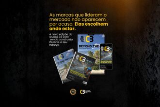 Imagem promocional da Revista C3 com capas das edições impressa, digital e mobile, acompanhada da frase “As marcas que lideram o mercado não aparecem por acaso. Elas escolhem onde estar.” em destaque, sobre fundo escuro texturizado.
