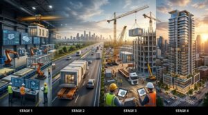 Processo de construção industrializada em quatro etapas: fabricação automatizada de módulos, transporte rodoviário, montagem no canteiro de obras e edifício finalizado em ambiente urbano.