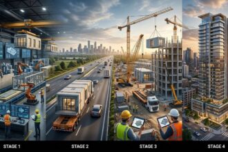 Processo de construção industrializada em quatro etapas: fabricação automatizada de módulos, transporte rodoviário, montagem no canteiro de obras e edifício finalizado em ambiente urbano.