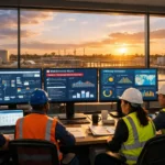 Equipe de operadores monitora dados em tempo real em uma estação de tratamento de água moderna ao pôr do sol, utilizando painéis digitais para análise de eficiência operacional e manutenção preditiva.